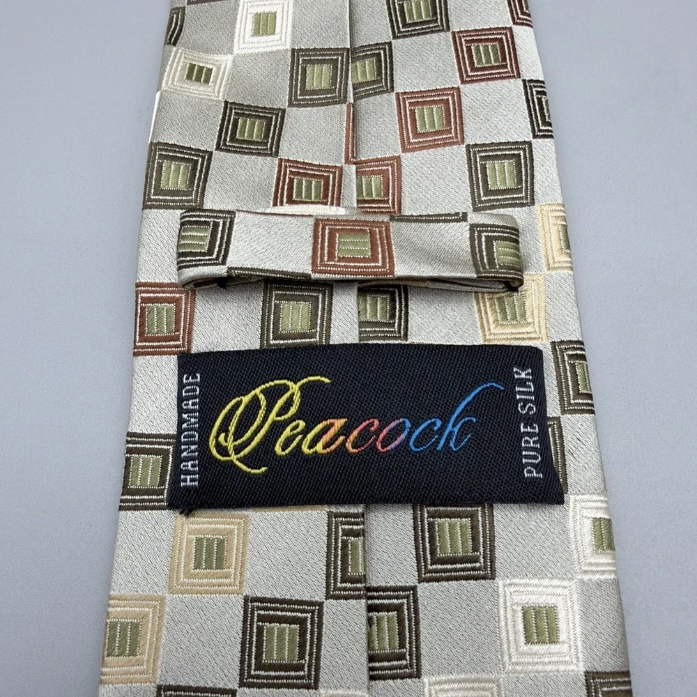 Peacock Necktie Handmade Pure Silk Beige Brown Geometric Pattern Tie 58